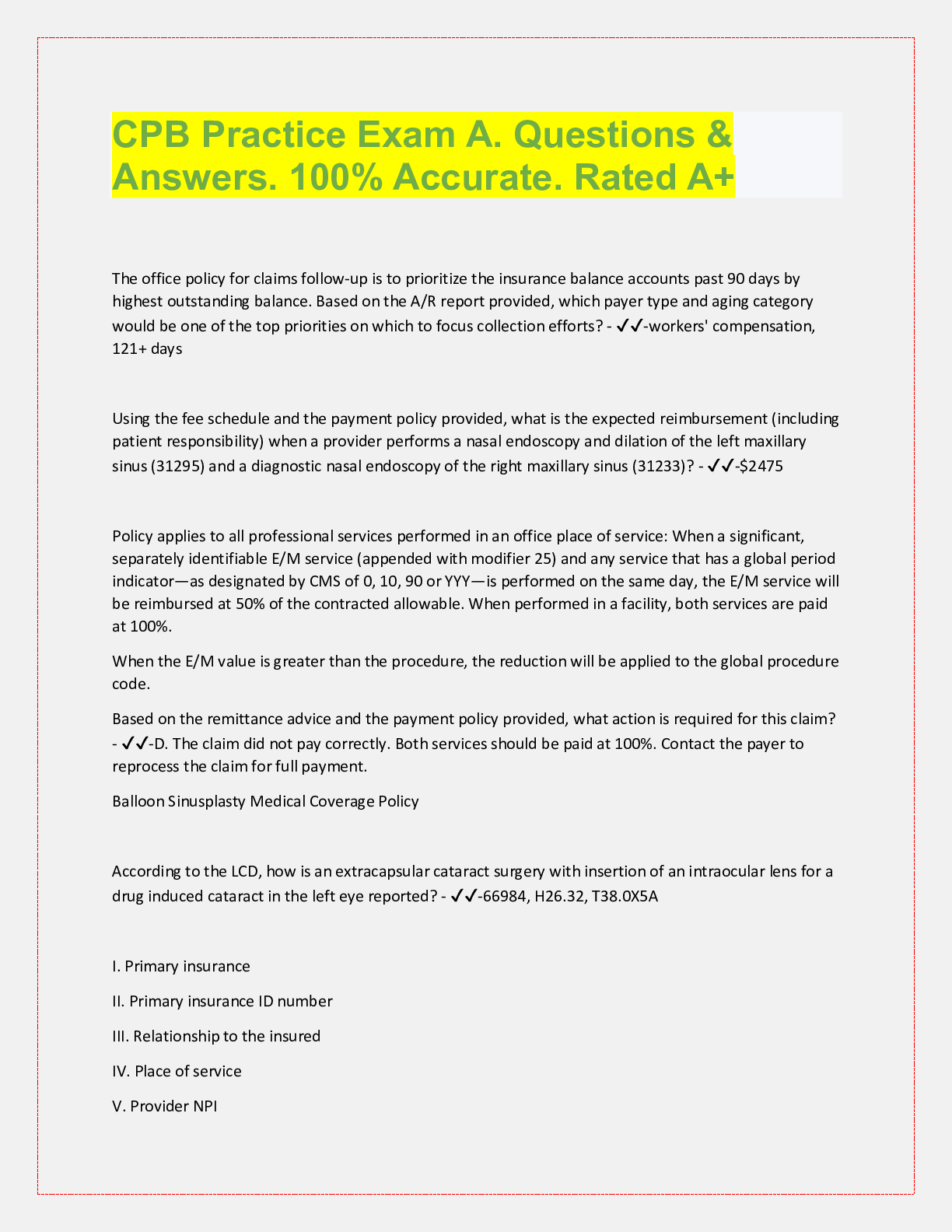 Preview image for CPB Practice Exam A. Questions &  Answers. 100% Accurate. Rated A+